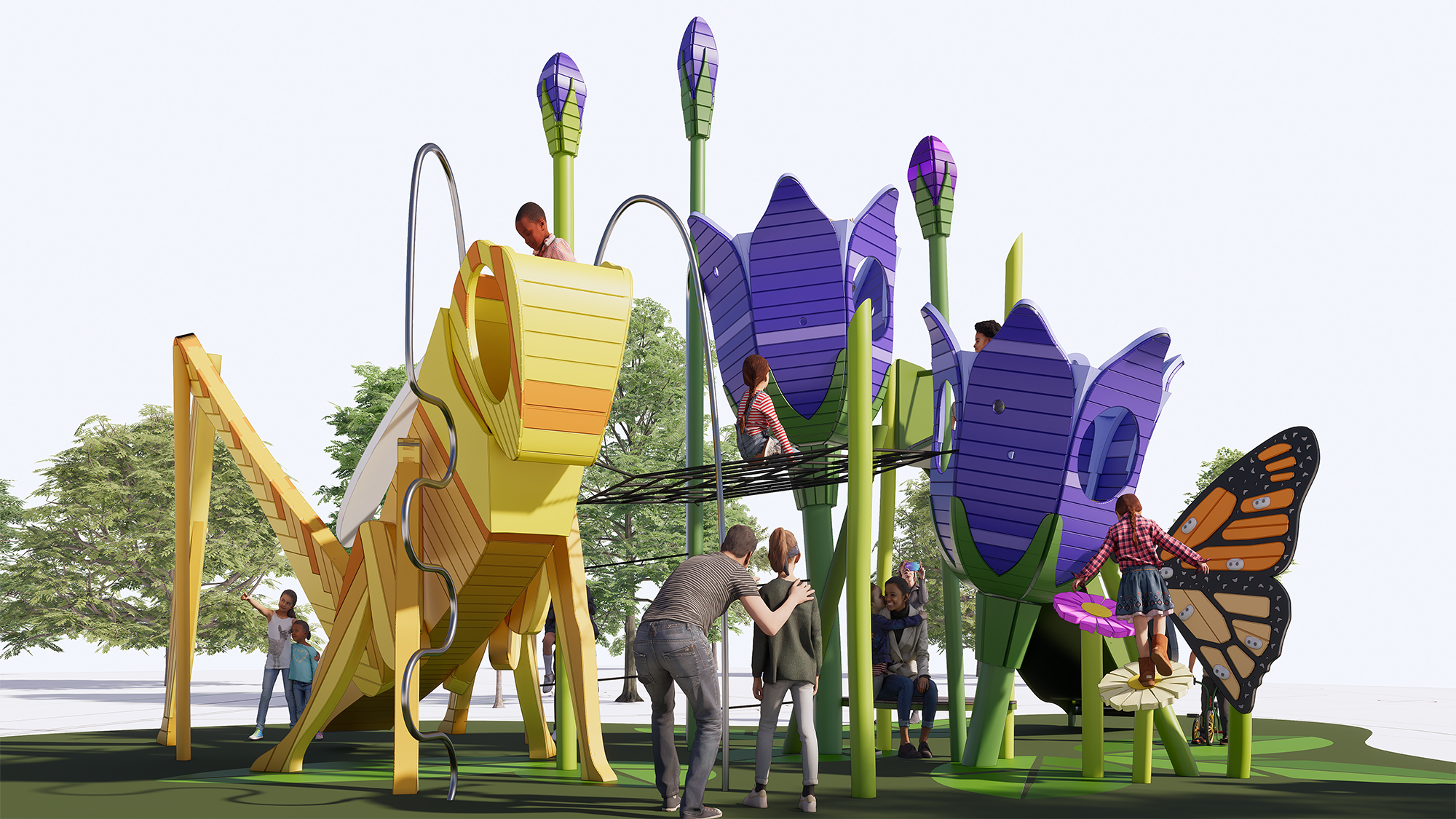 Illustration av en stor klätterställning utformad som en gräshoppa