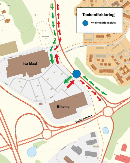Kartbild som med pilar visar alternativa in- och utfarter till parkeringsytan vid Ica Maxi och Biltema