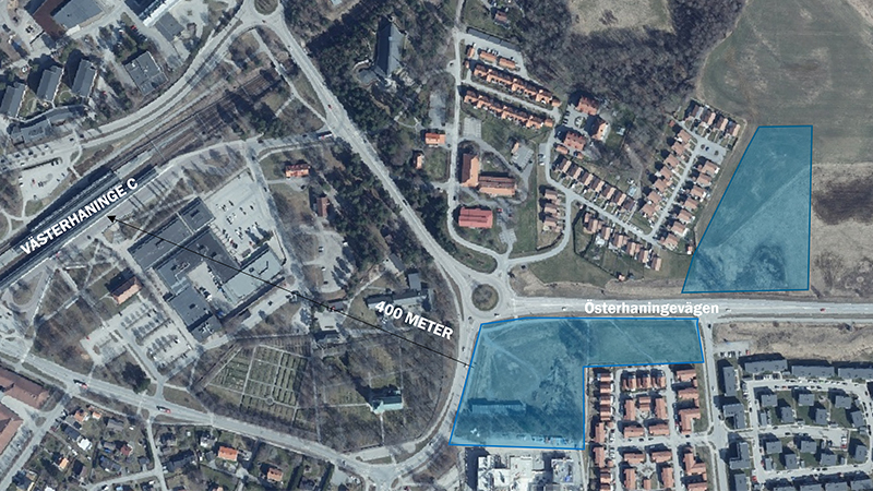 Kartbild som visar del av område i Västerhaninge där simhall ska byggas