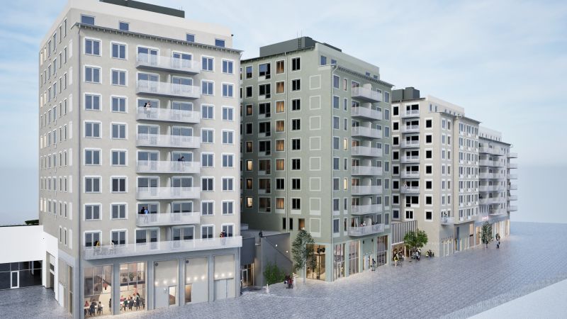 Gestaltning av fyra bostadshus i ljus grå, grön och gul ton. Cirka 10 våningar med verksamheter i botten. 