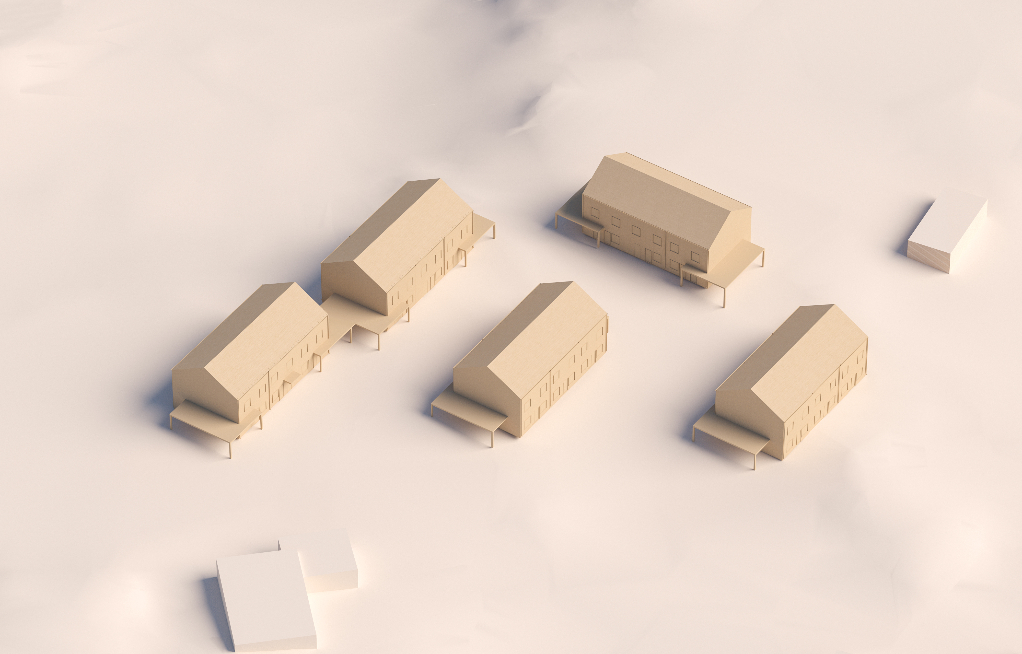 Illustration som visar byggnadsvolymer sett från söder.