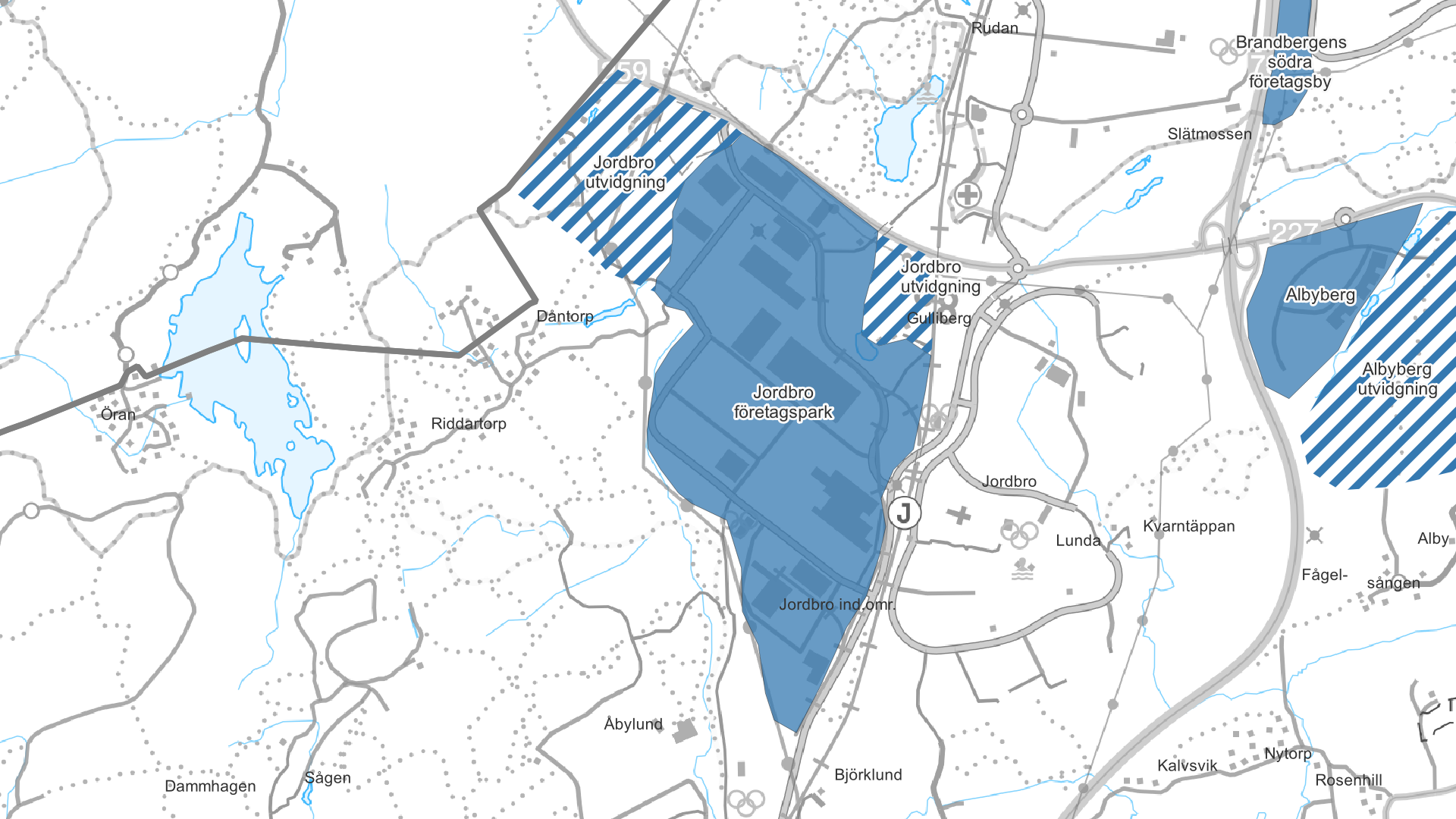 Karta med Jordbro företagspark utmarkerad