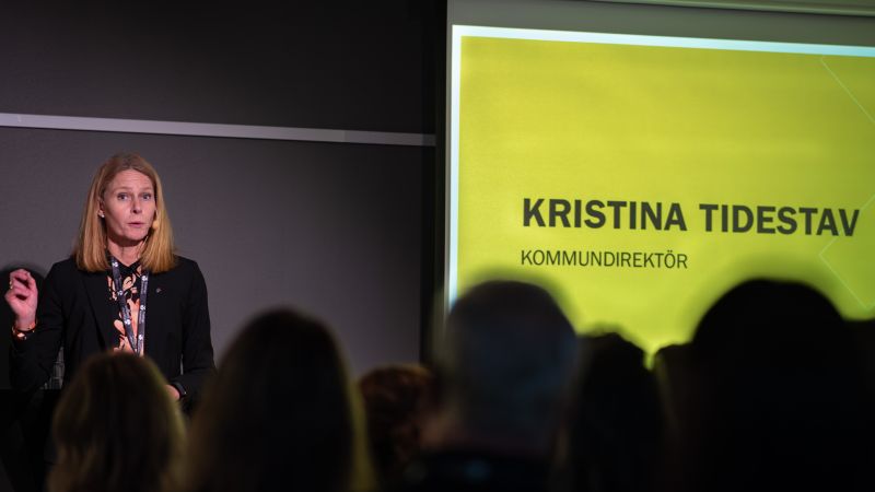Kristina talar på scen, i förgrunden publik,