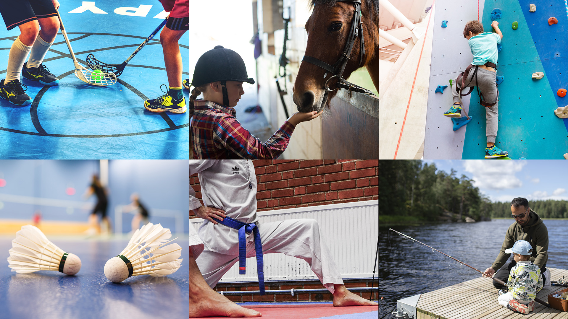 Innebandy, klättring, häst, badminton och fiske.
