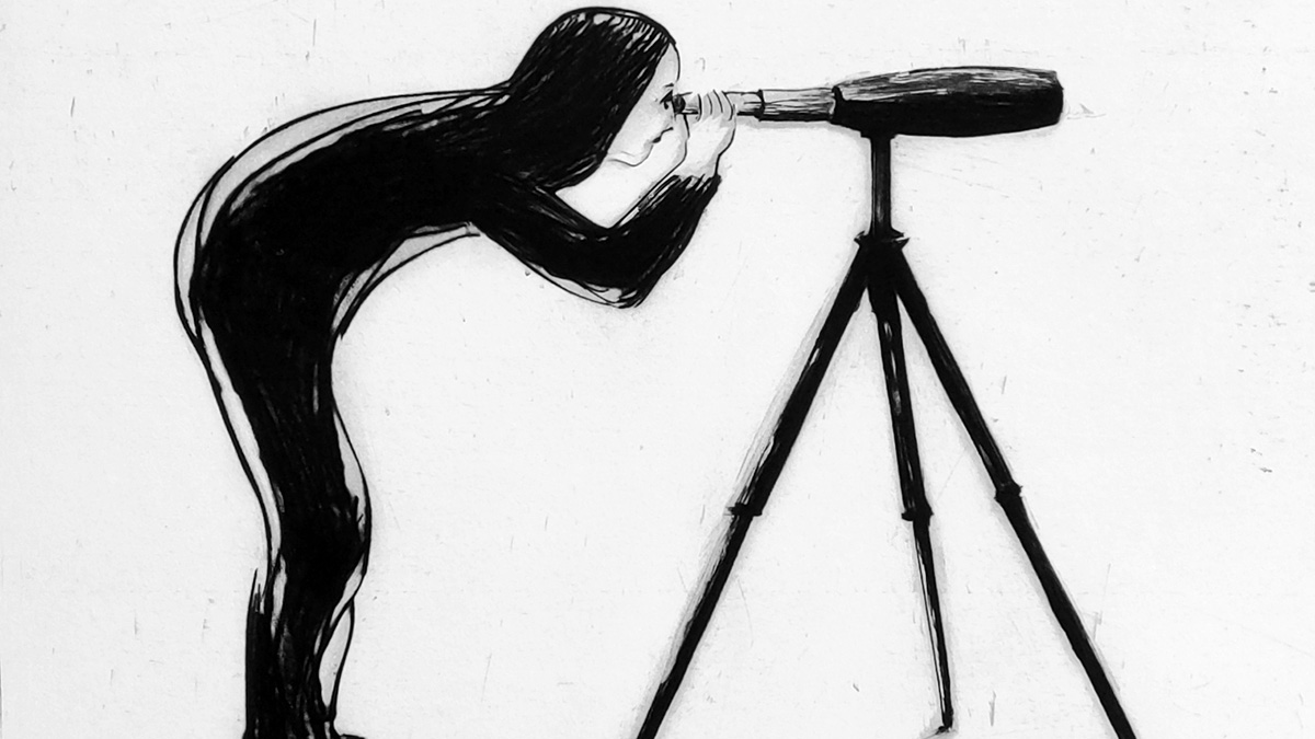 Illustration med person som tittar i kikare.